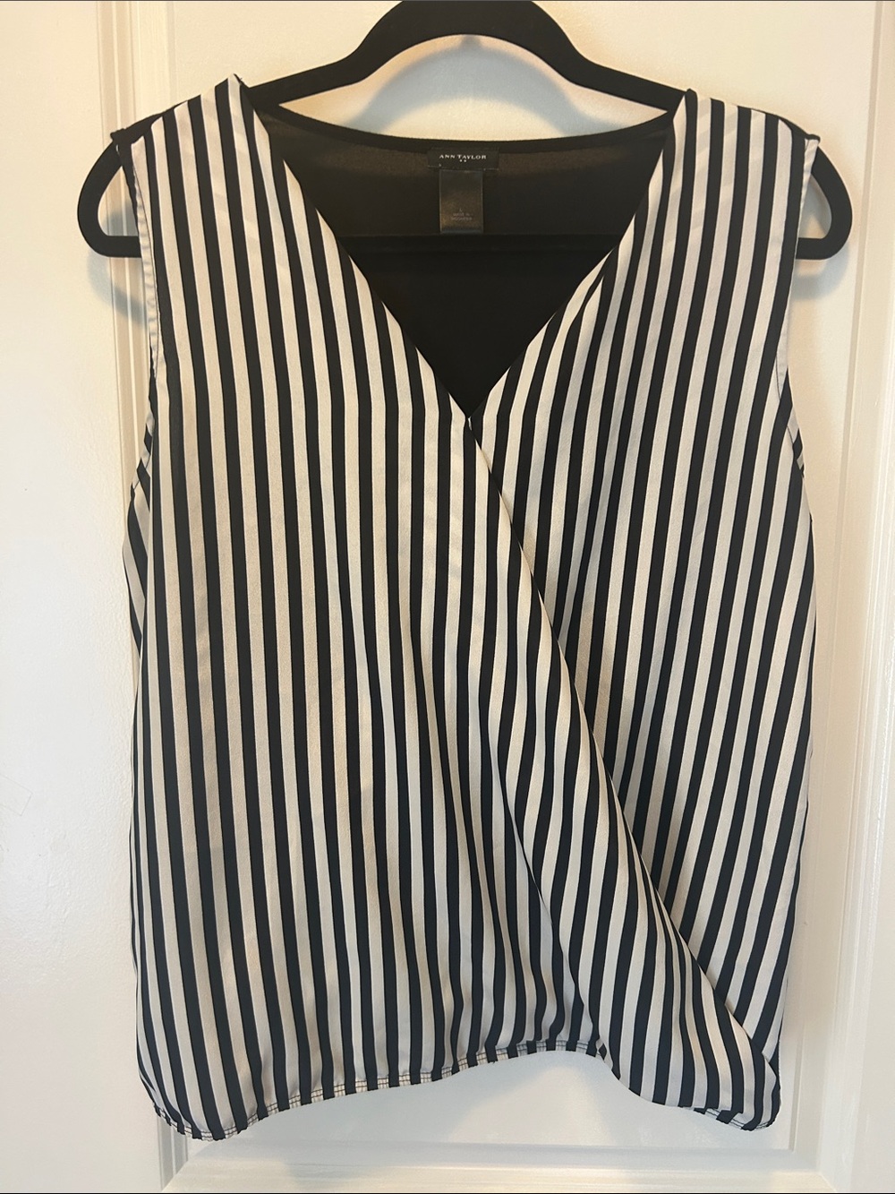 Ann Taylor Black and White Vertical Stripe Sleeveless Wrap Top